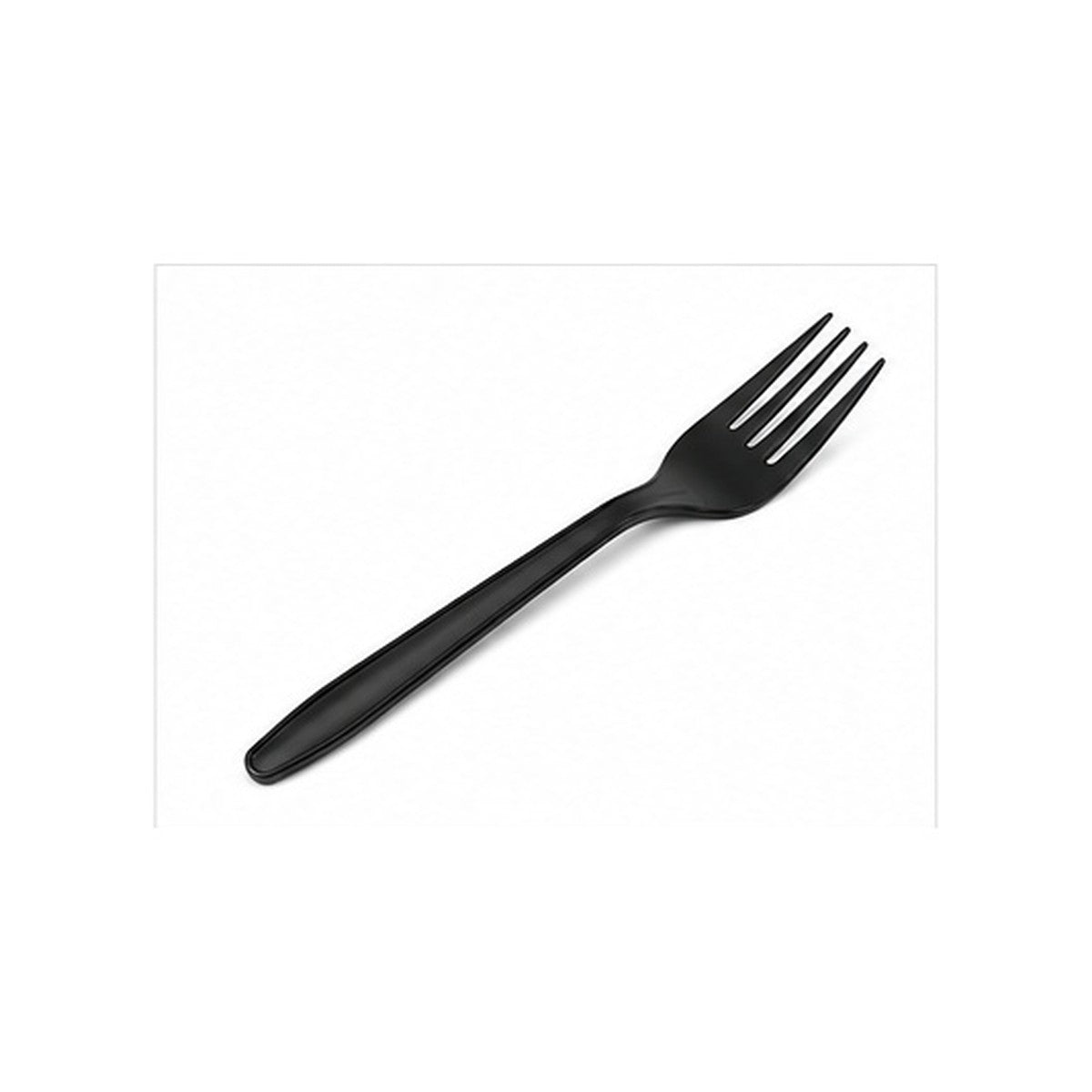 Black disposable fork on a white background