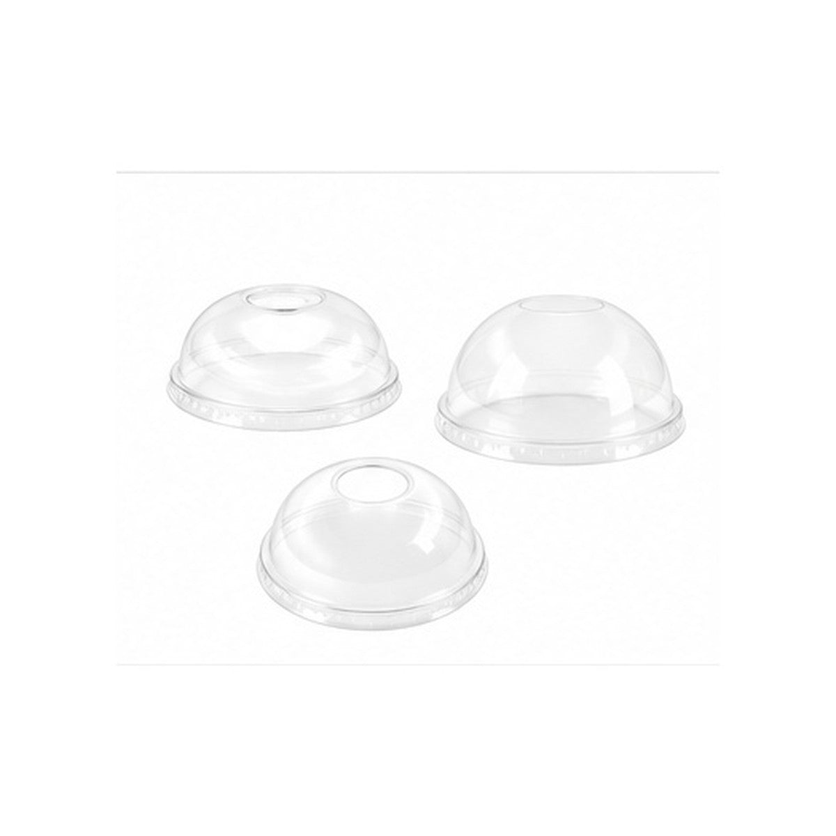 Clear dome cup lids on a white background
