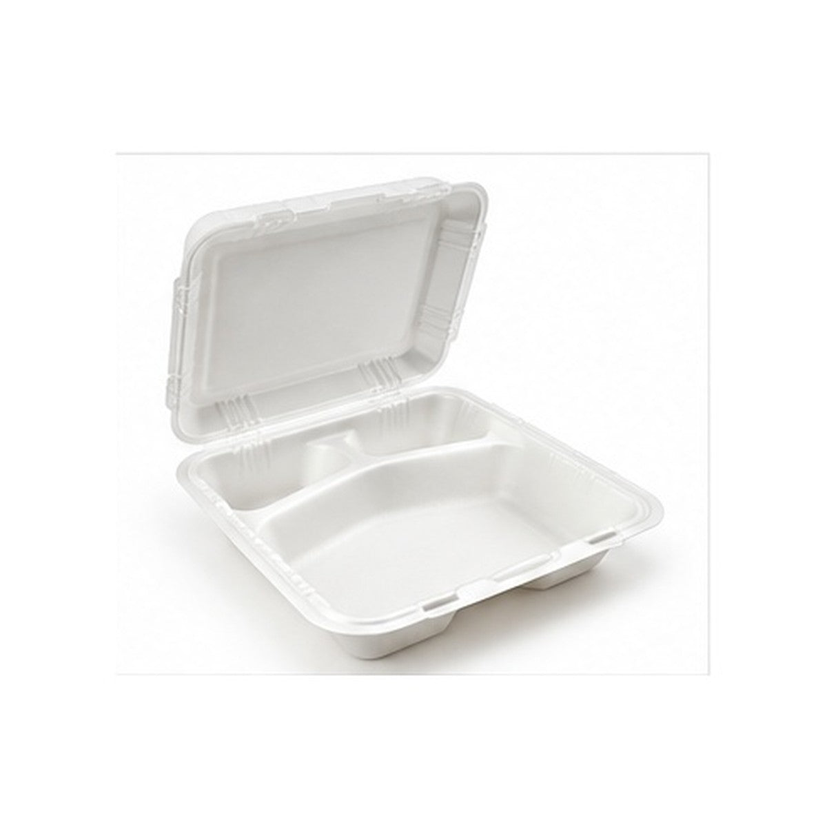 Open 3-compartment hinged takeout container on a white background