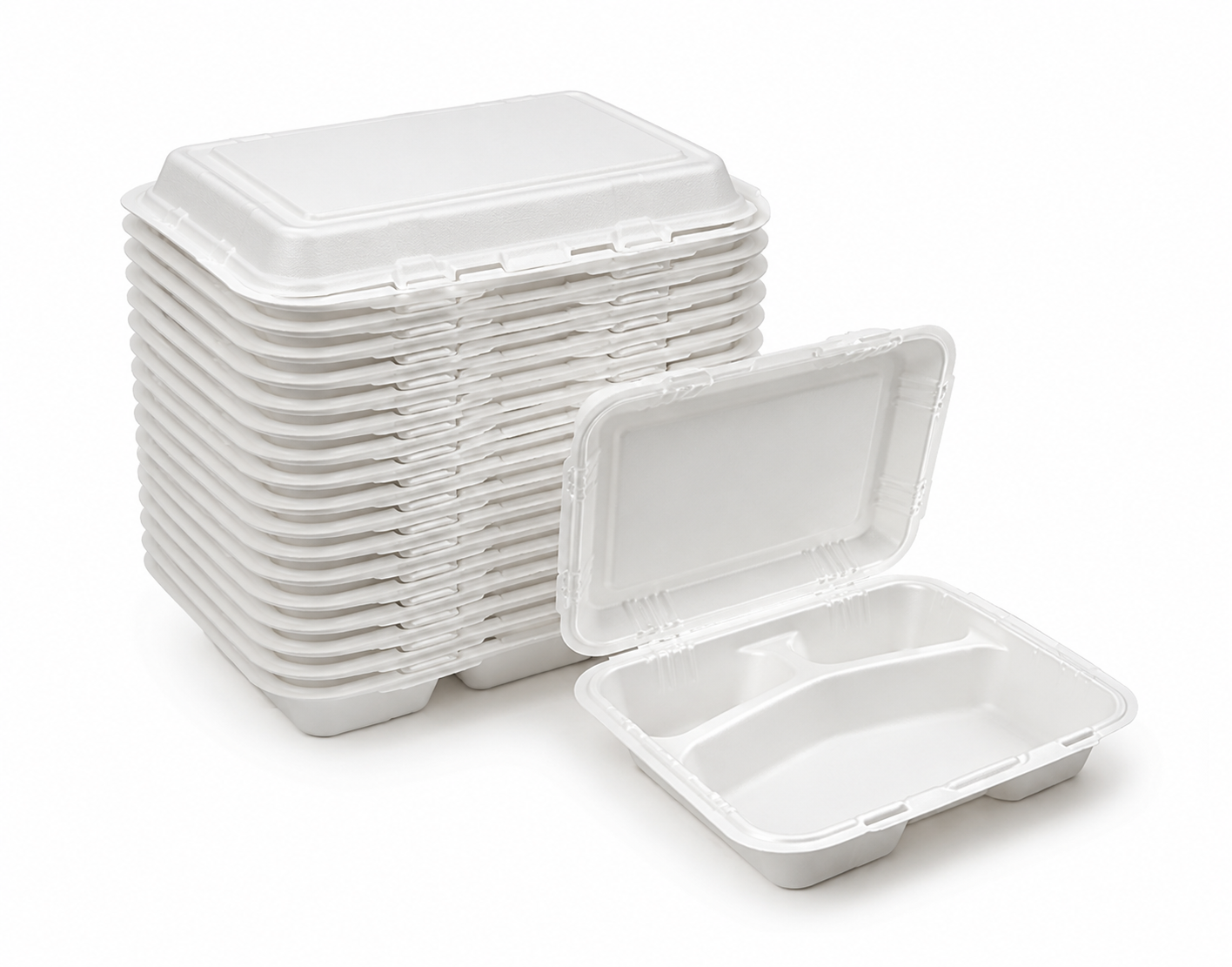 Open 3-compartment hinged takeout container on a white background