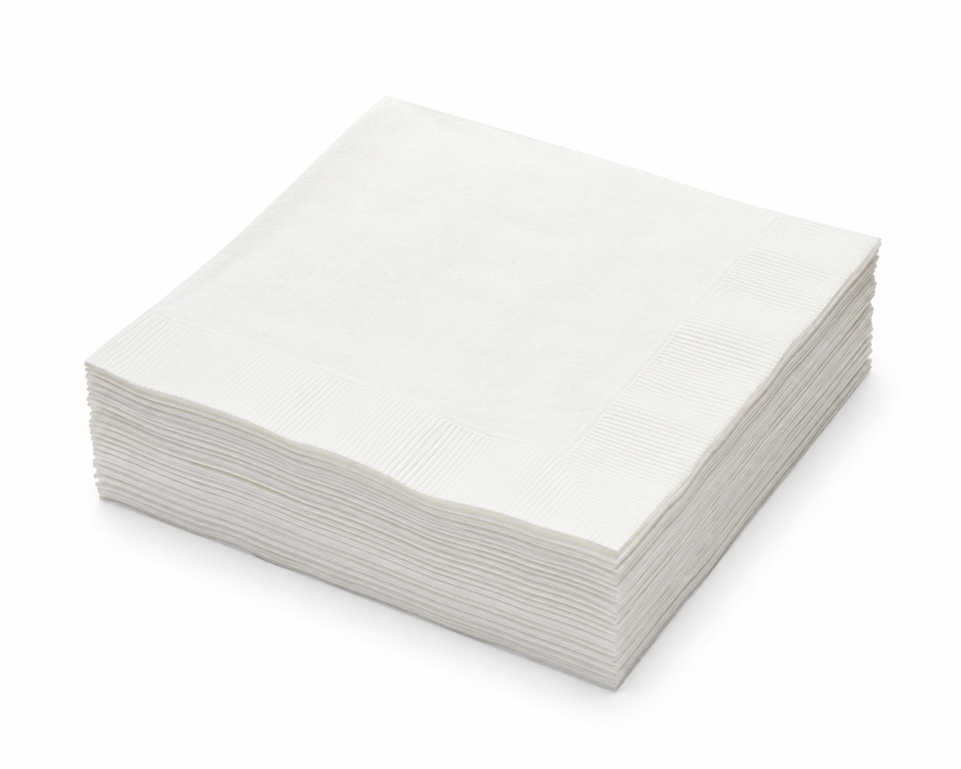 Stack of folded white beverage napkins on a white background