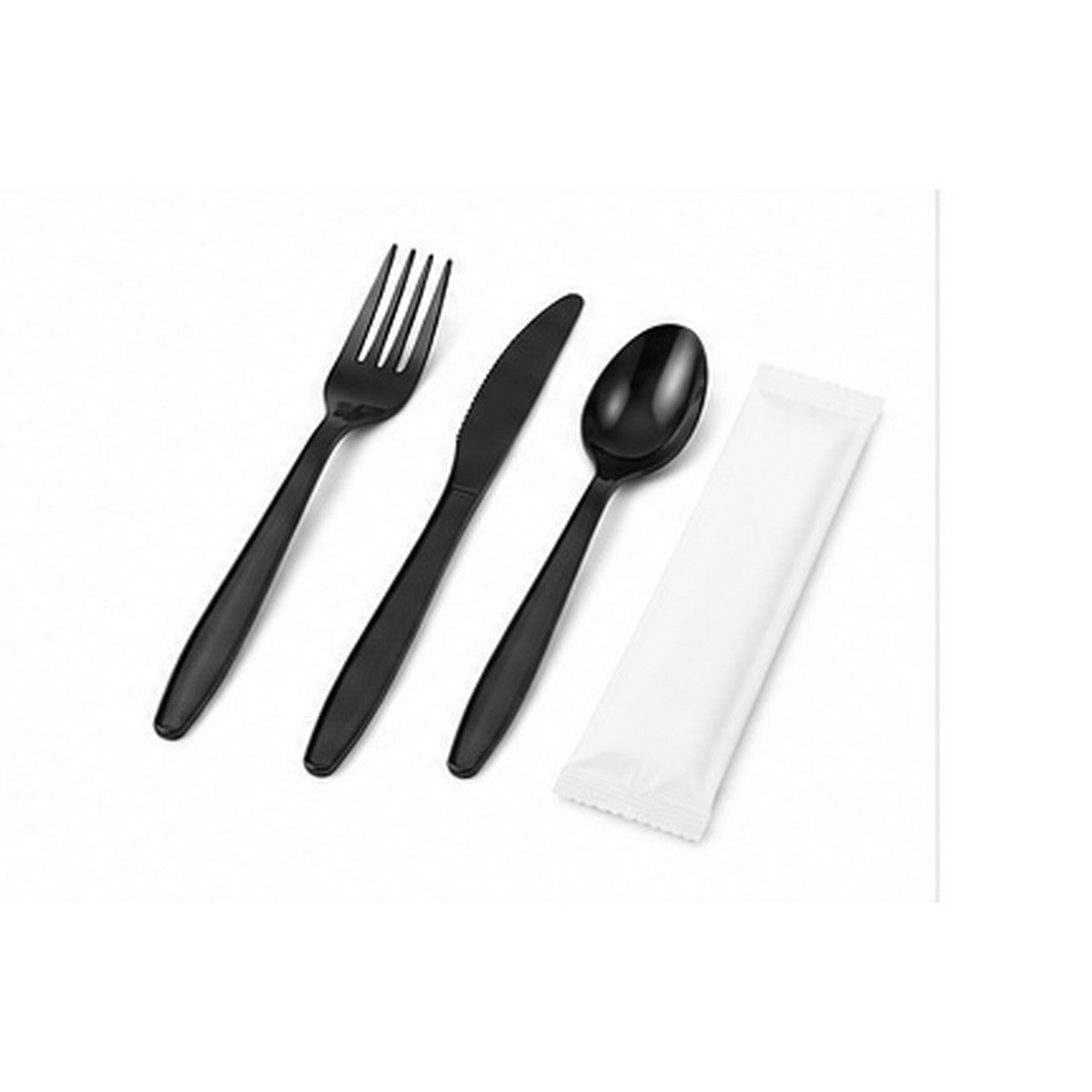 Wrapped black cutlery kit with fork, knife, spoon, and napkin on a white background